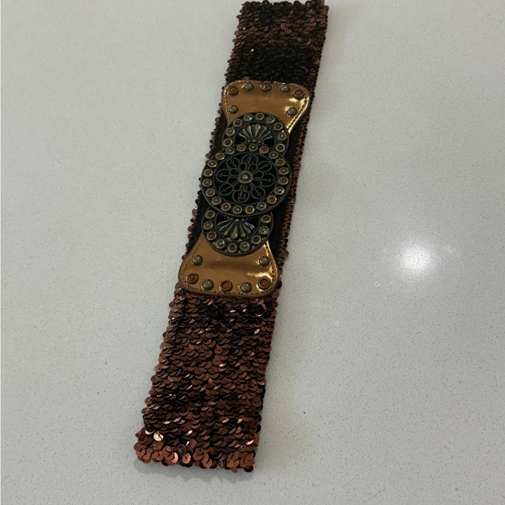Y2K Bronze Copper Belt Stretchy Jeweled Sequin Womens S/M‎